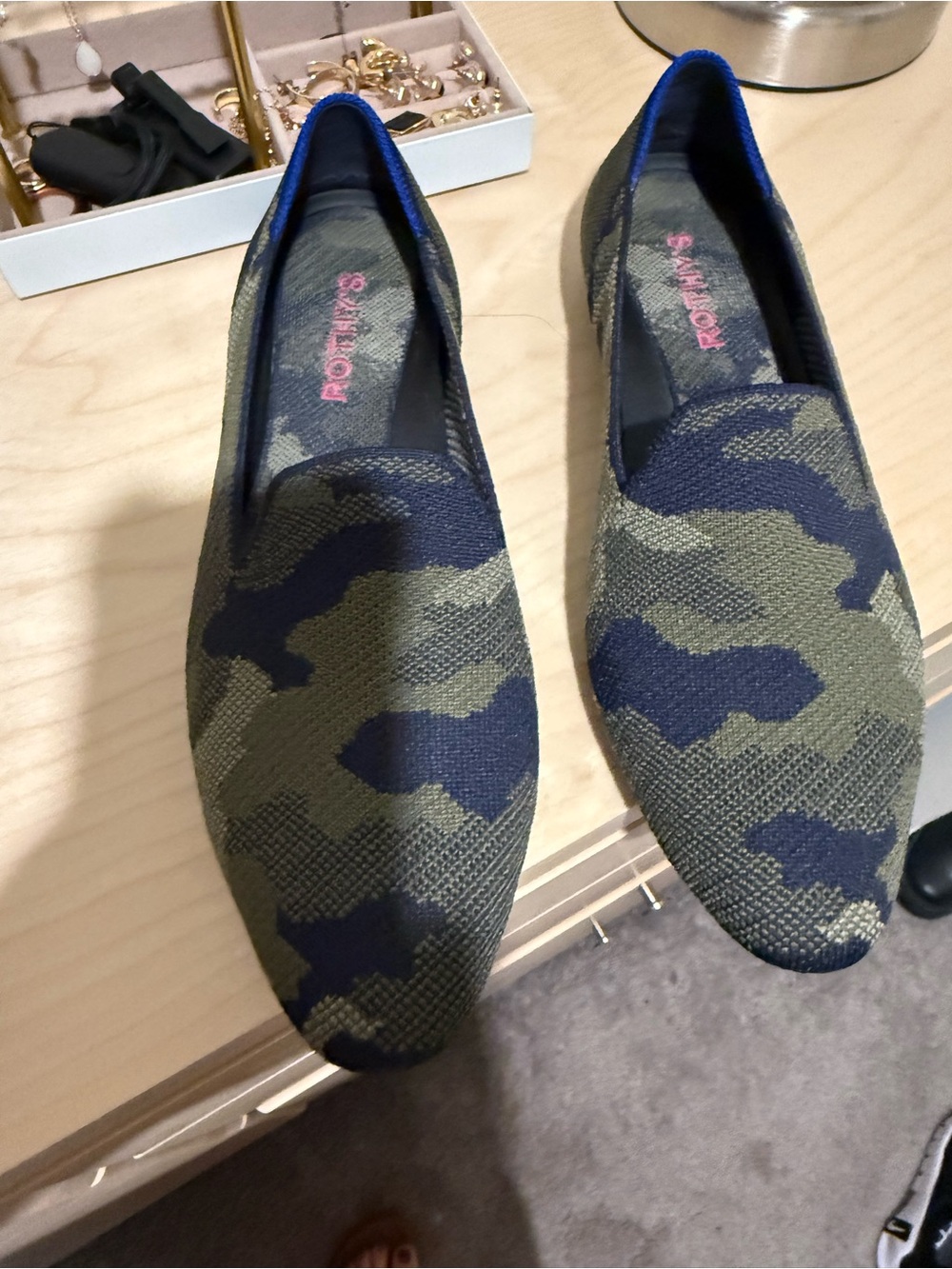 Rothy’s Camo Almond Loafers in Olive and Navy